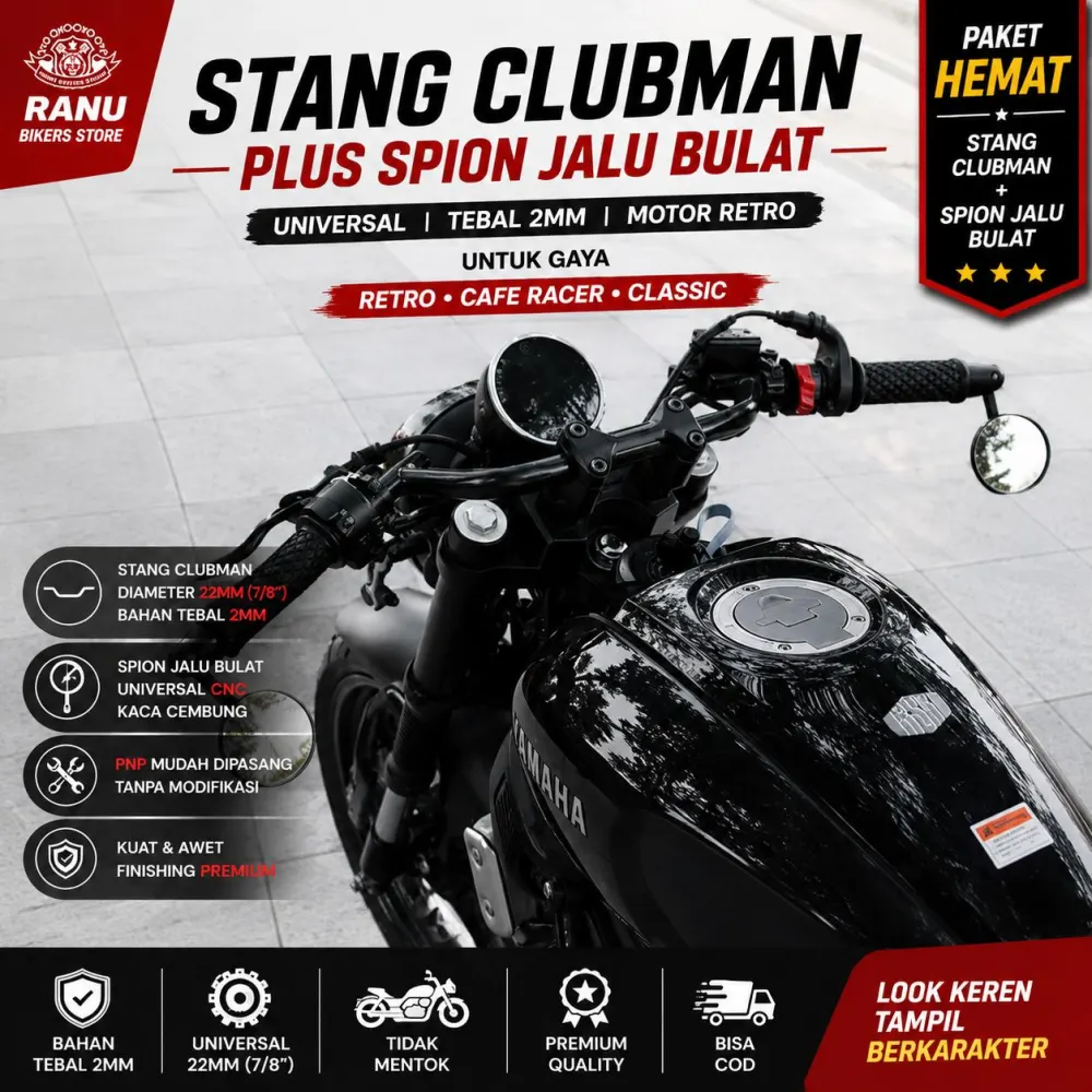 Stang Clubman Set Spion Jalu Bulat 22mm Tebal 2mm…